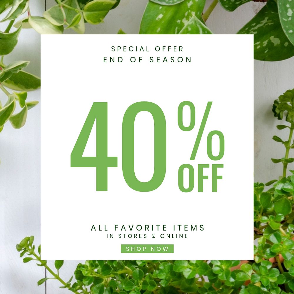 Shop sale Instagram post template, editable green plant design