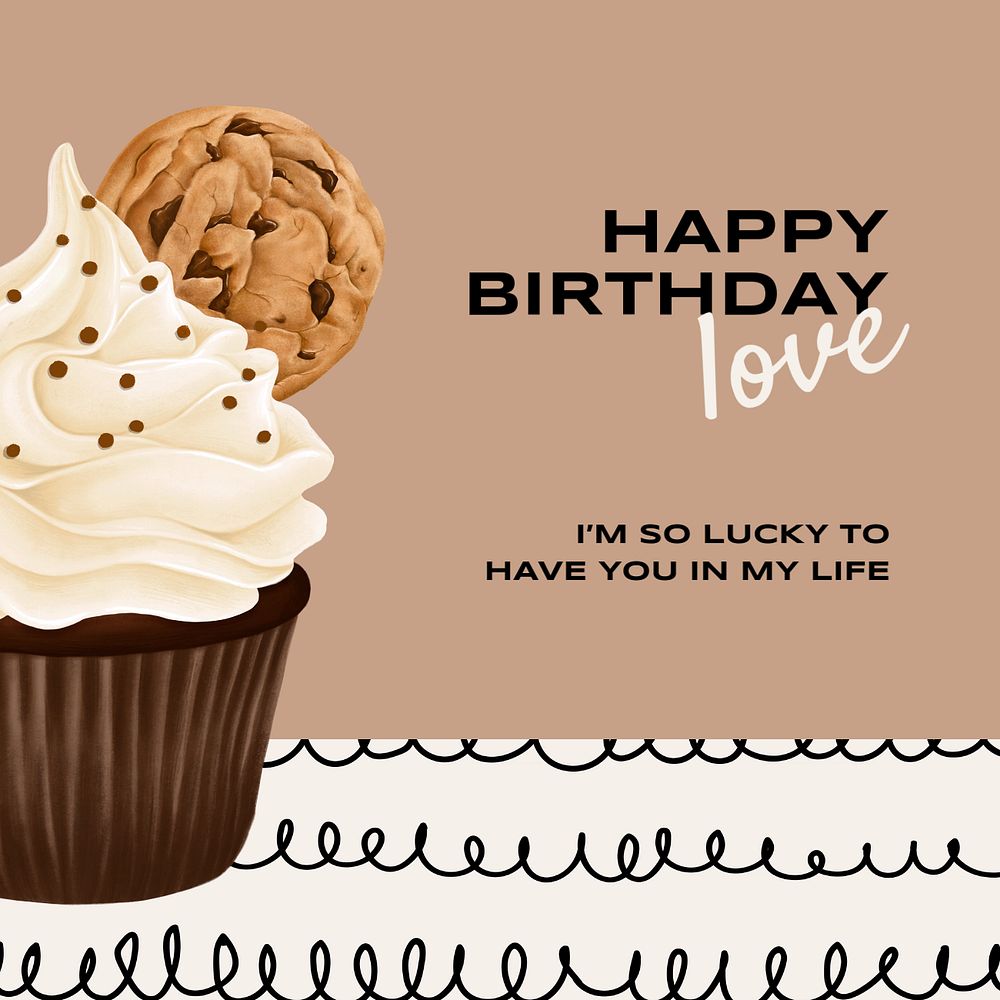 Happy birthday Instagram post template, chocolate cupcake illustration