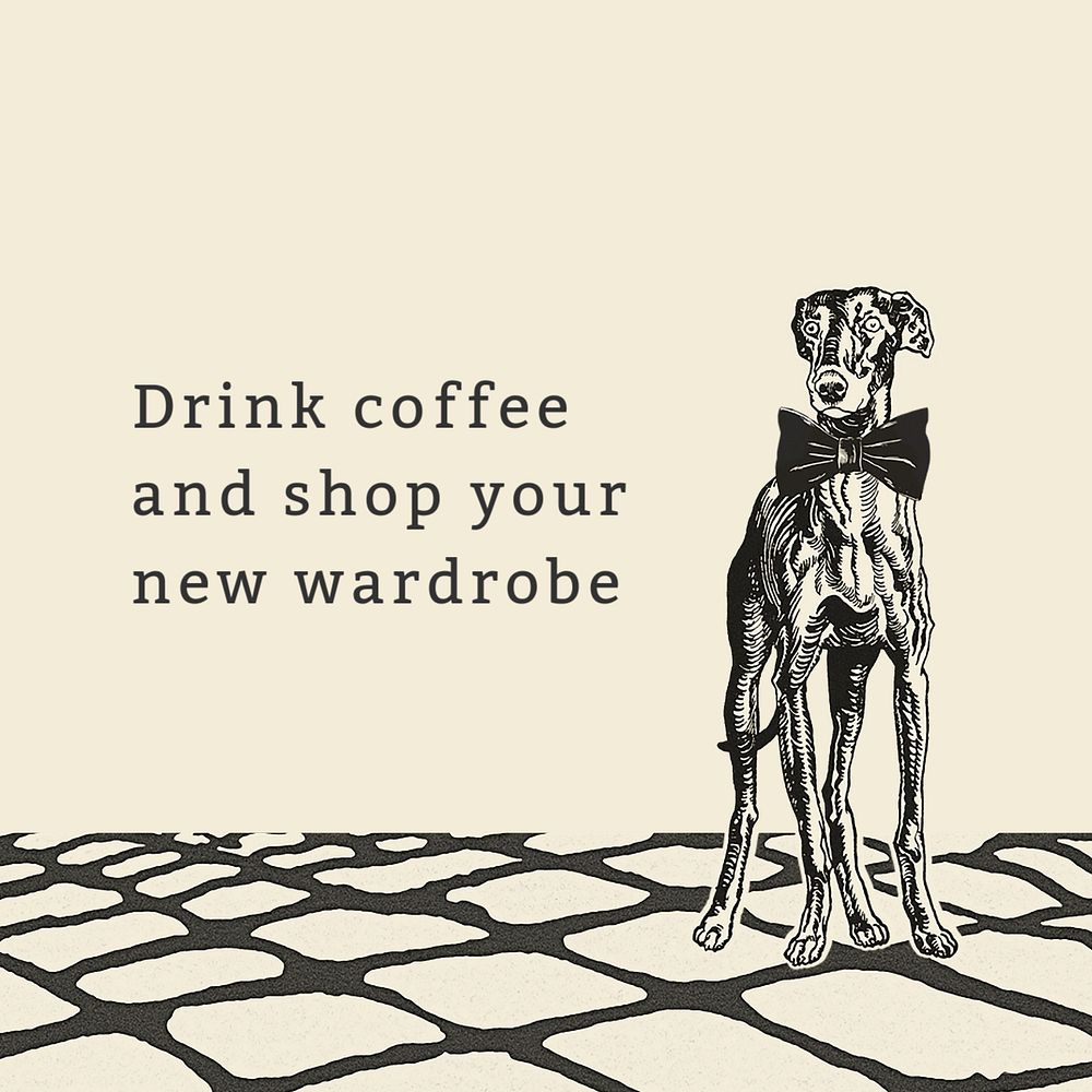 Vintage cafe Instagram post template, dog illustration remixed from artworks by Moriz Jung