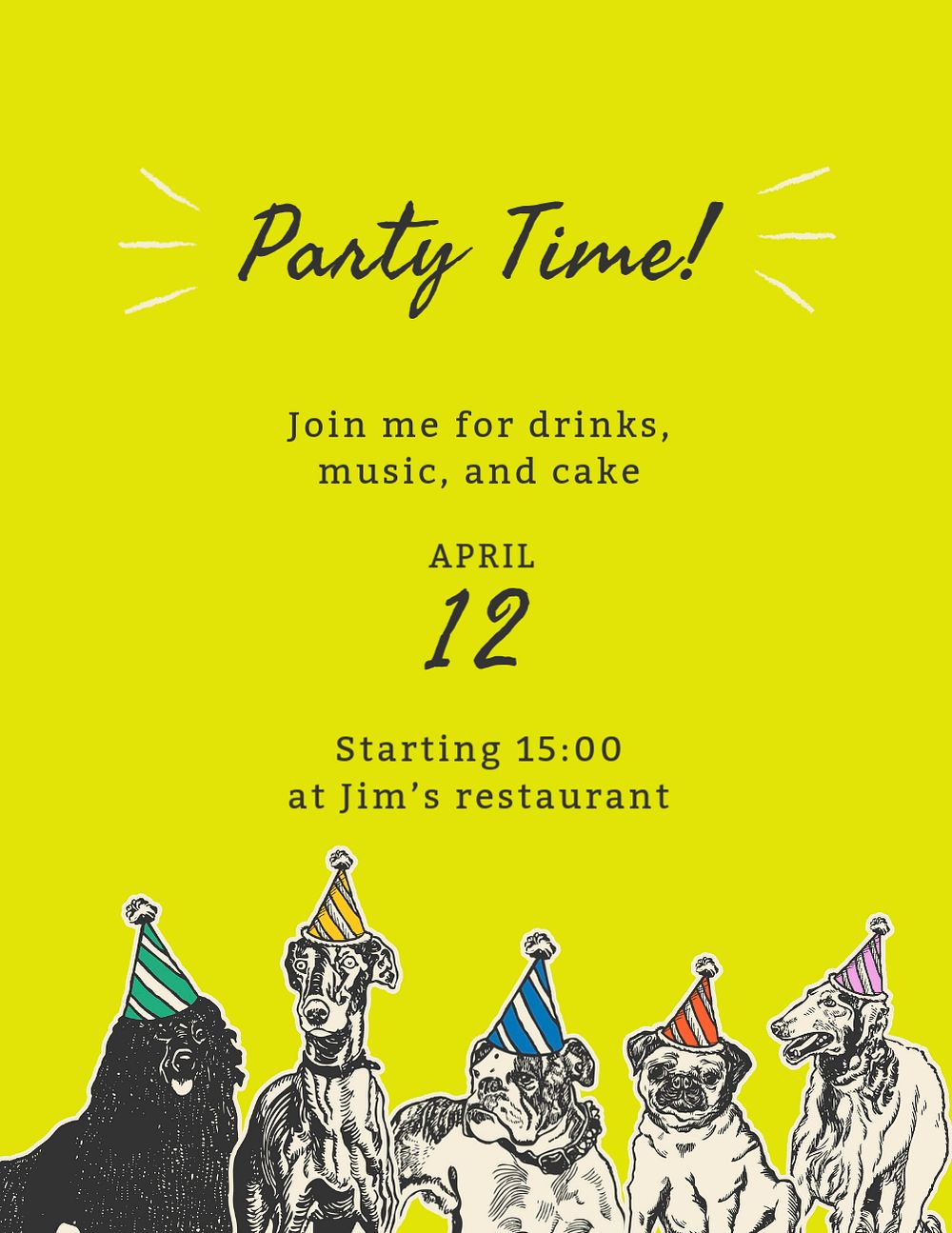 Party time flyer, dog editable design remixed from artworks by Moriz Jung