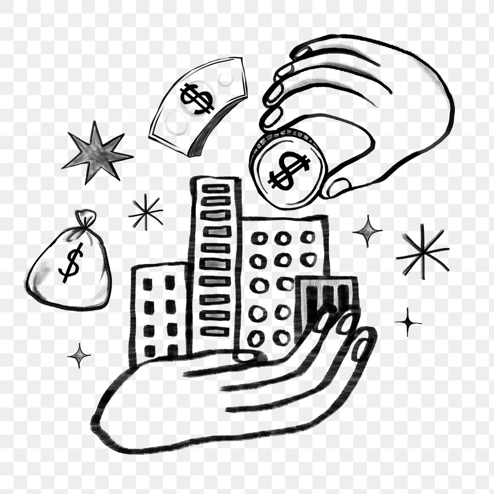 Hand presenting money buildings, real estate investing doodle, editable elements