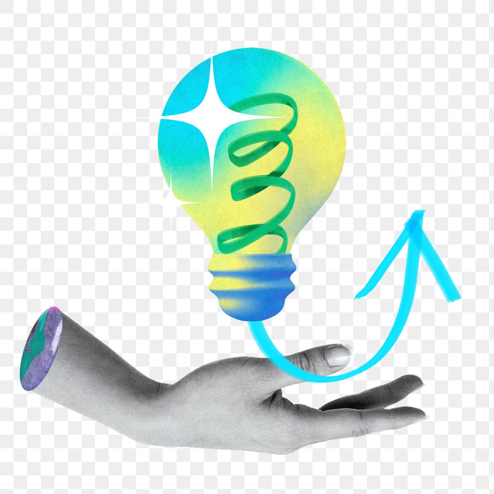 Hand and lightbulb png, creativity and business collage on transparent background