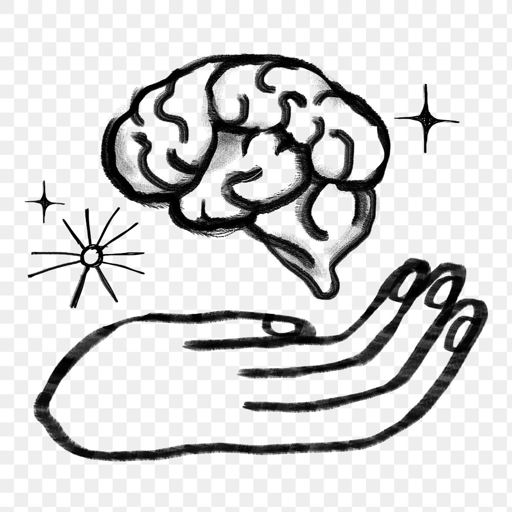 Hand presenting brain, knowledge doodle, editable elements