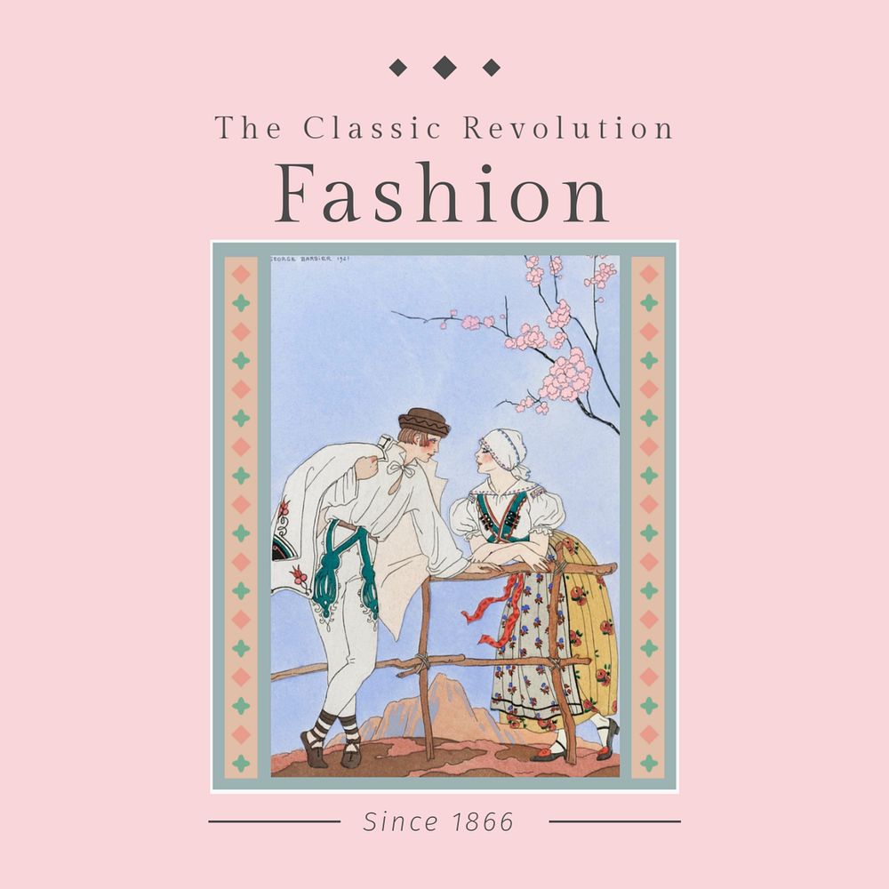 Vintage fashion Instagram post template, famous illustration by George Barbier, remixed by rawpixel.