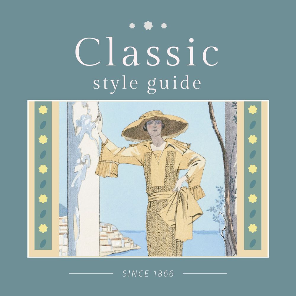 Fashion guide Instagram post template, famous illustration by George Barbier, remixed by rawpixel.