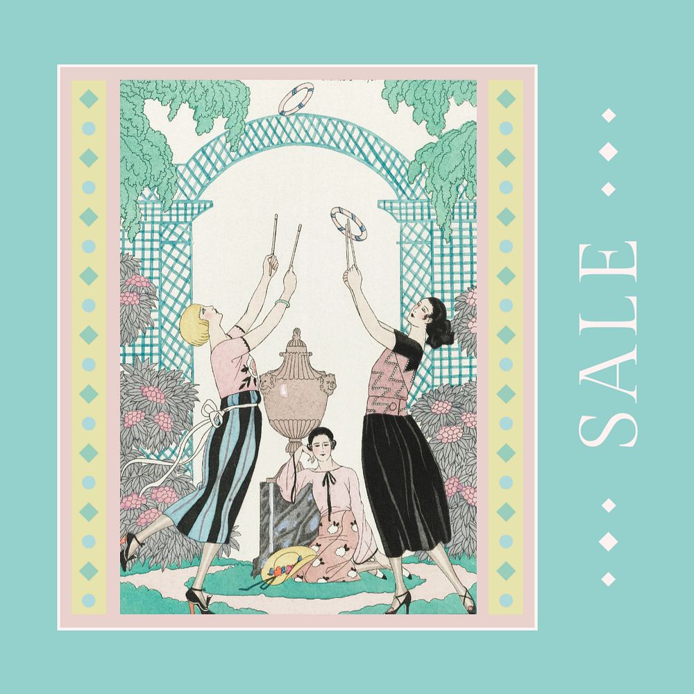 Sale ad Instagram post template, vintage fashion, famous illustration by George Barbier, remixed by rawpixel.