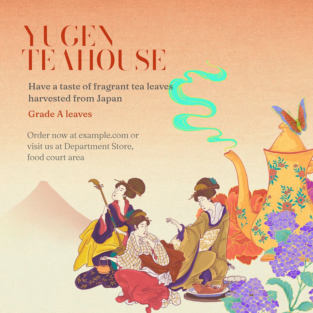 Asian teahouse Facebook ad template, customizable Ukiyo-e art remix design