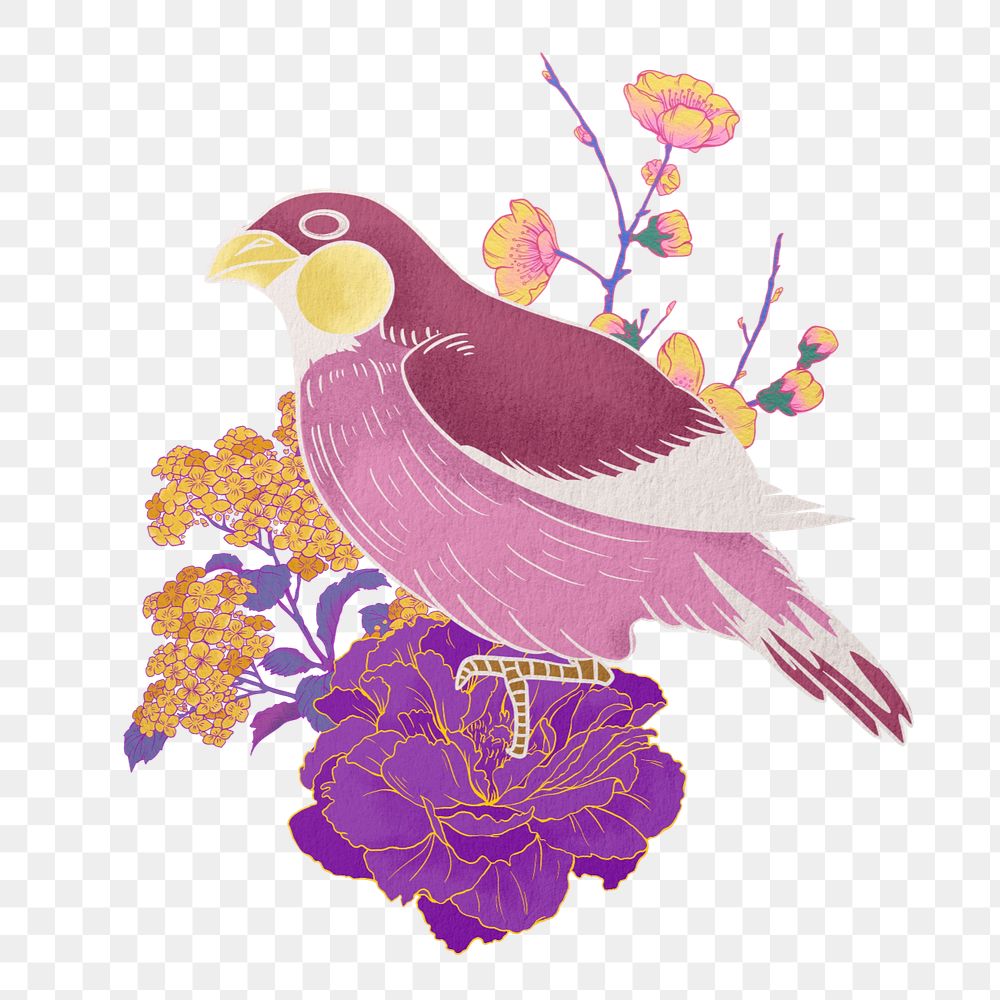 Purple vintage bird editable element, floral design