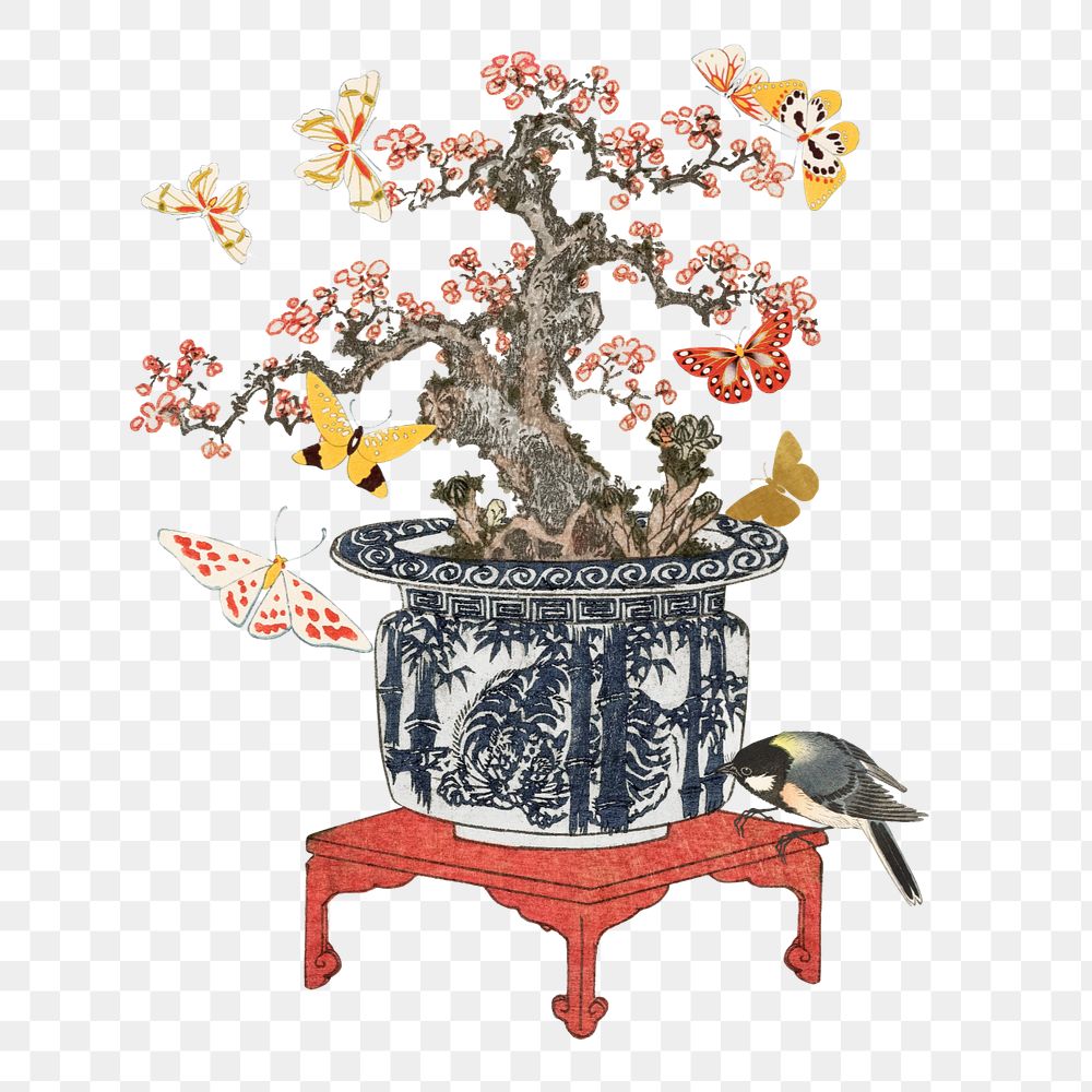 Editable vintage Japanese bonsai, ukiyo-e remix design