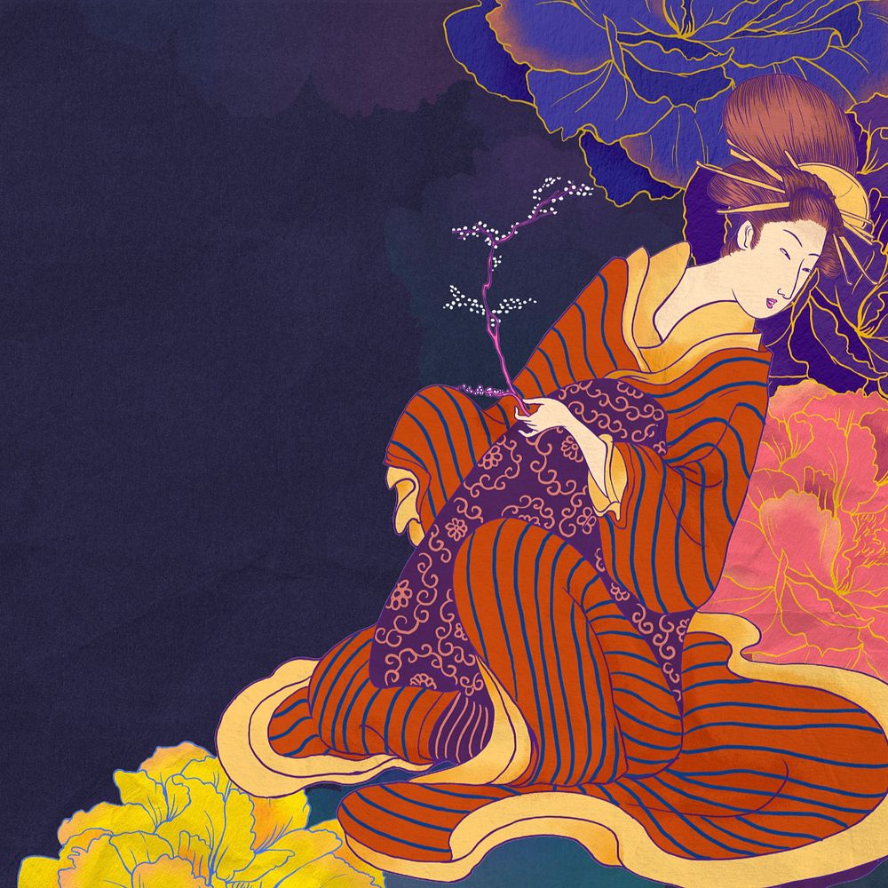 Editable aesthetic vintage Japanese woman, ukiyo-e remix