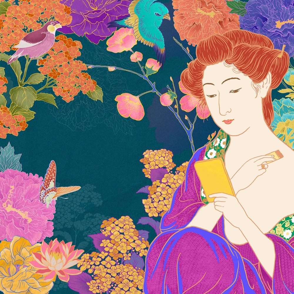 Customizable aesthetic vintage Japanese woman, ukiyo-e remix