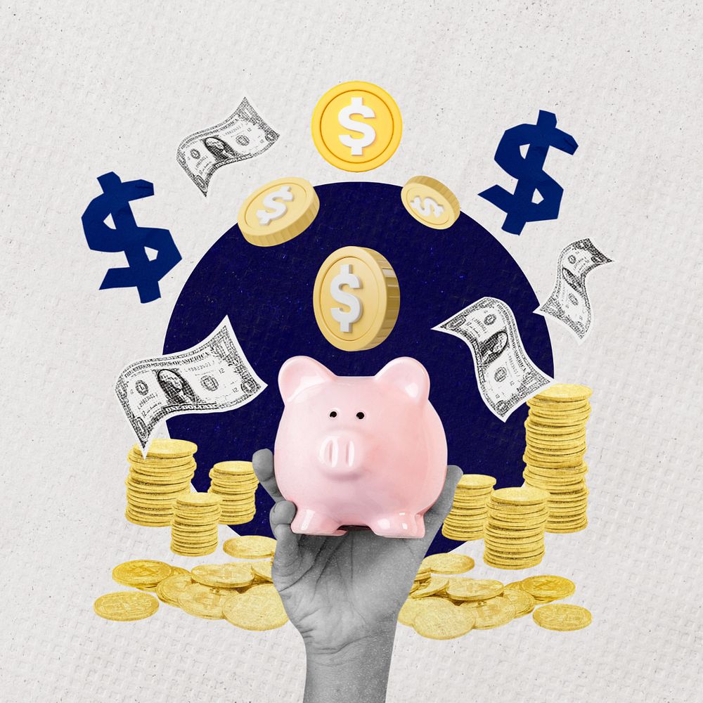 Piggy bank saving collage design, instagram and social media post