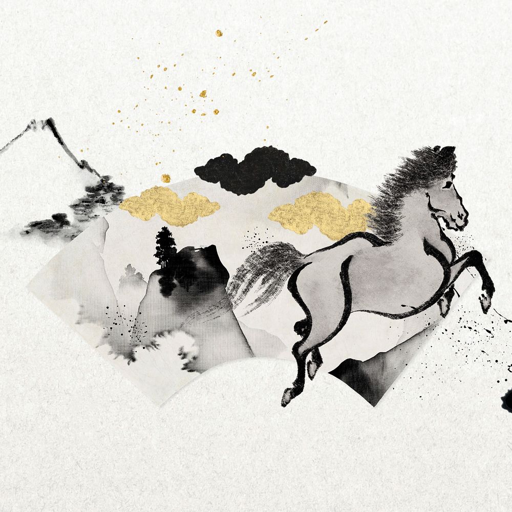 Running horse fan background, Japanese ink illustration, editable design