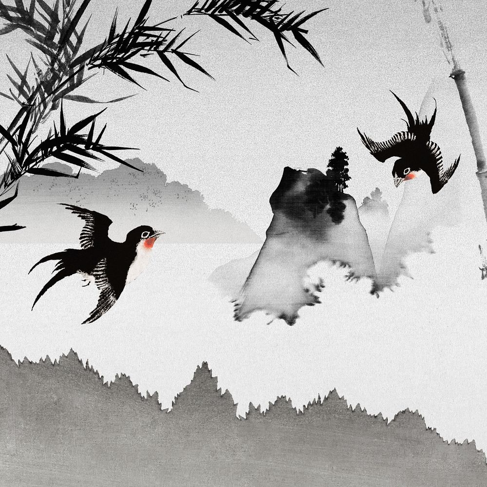 Japanese birds background, black forest illustration, editable design