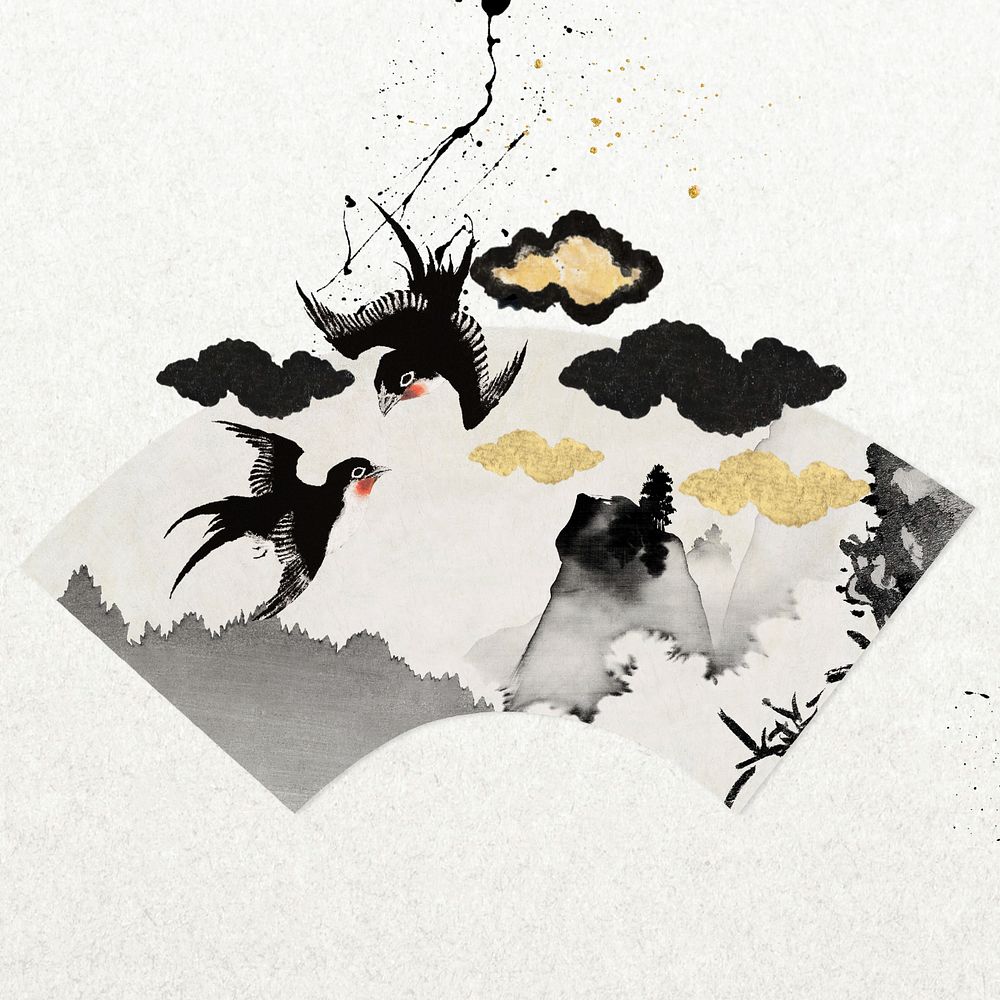 Flying birds fan background, Japanese ink illustration, editable design