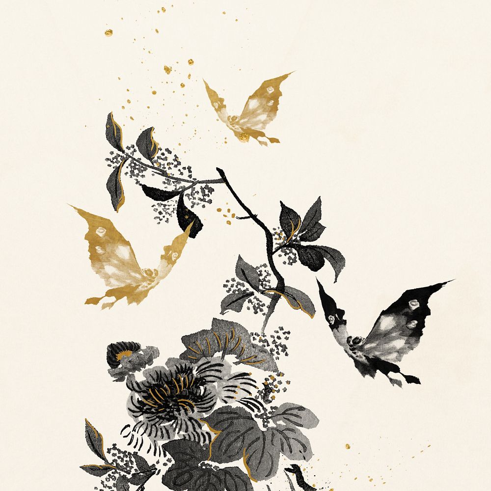 Aesthetic moths background, gold and black illustration, editable design