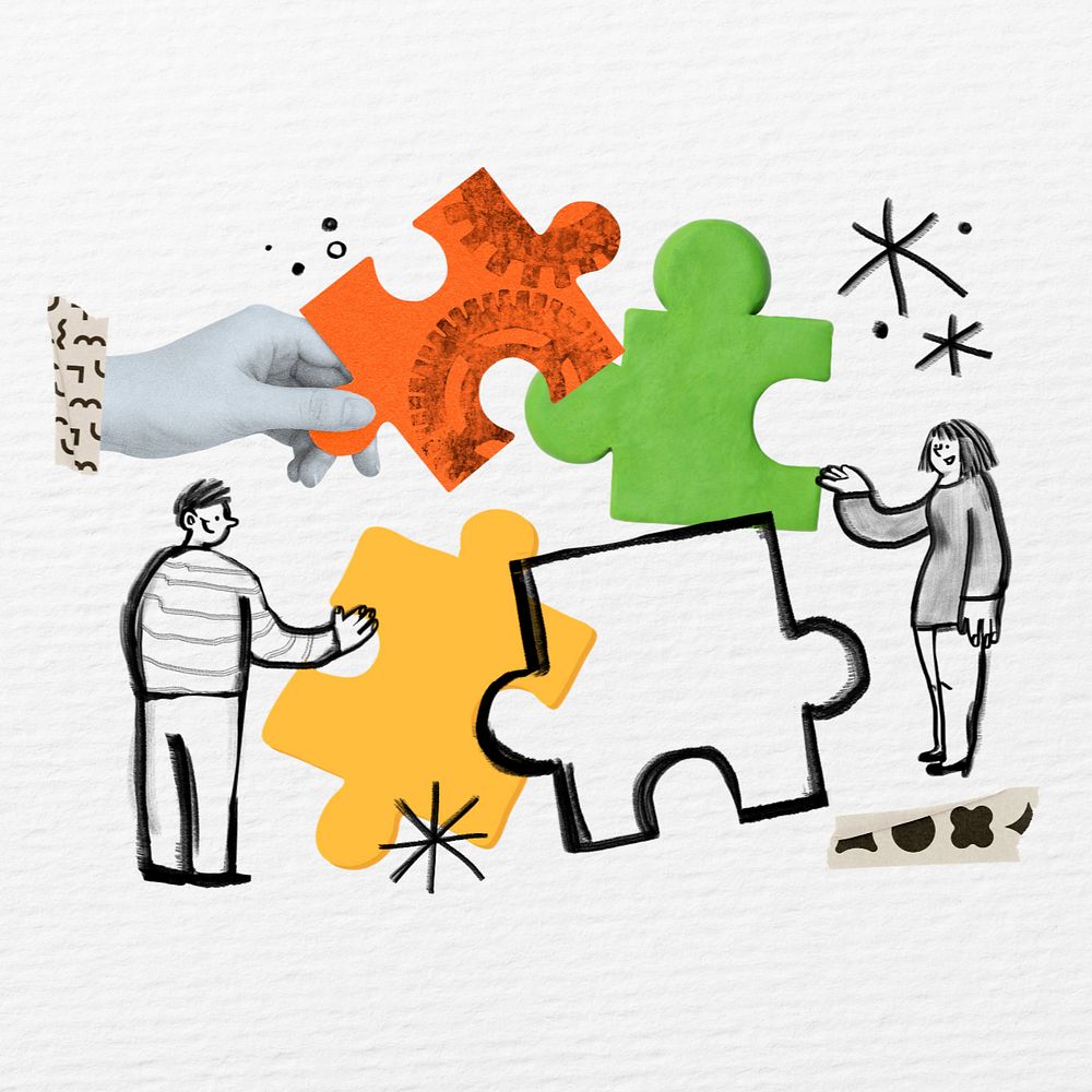 People solving puzzle, teamwork doodle, editable design