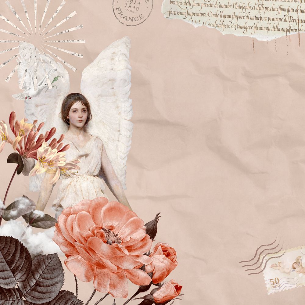 Pink vintage angel ephemera background, mixed media illustration