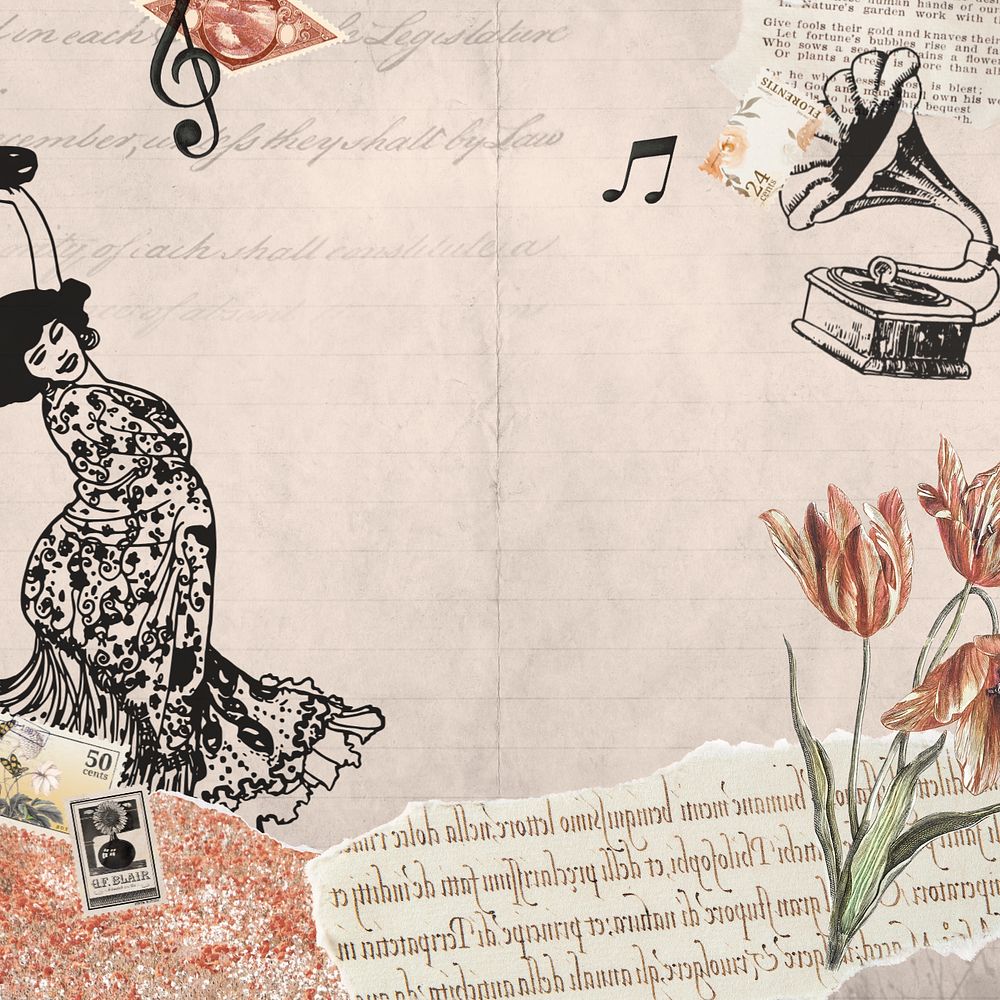 Pink vintage music ephemera background, mixed media illustration