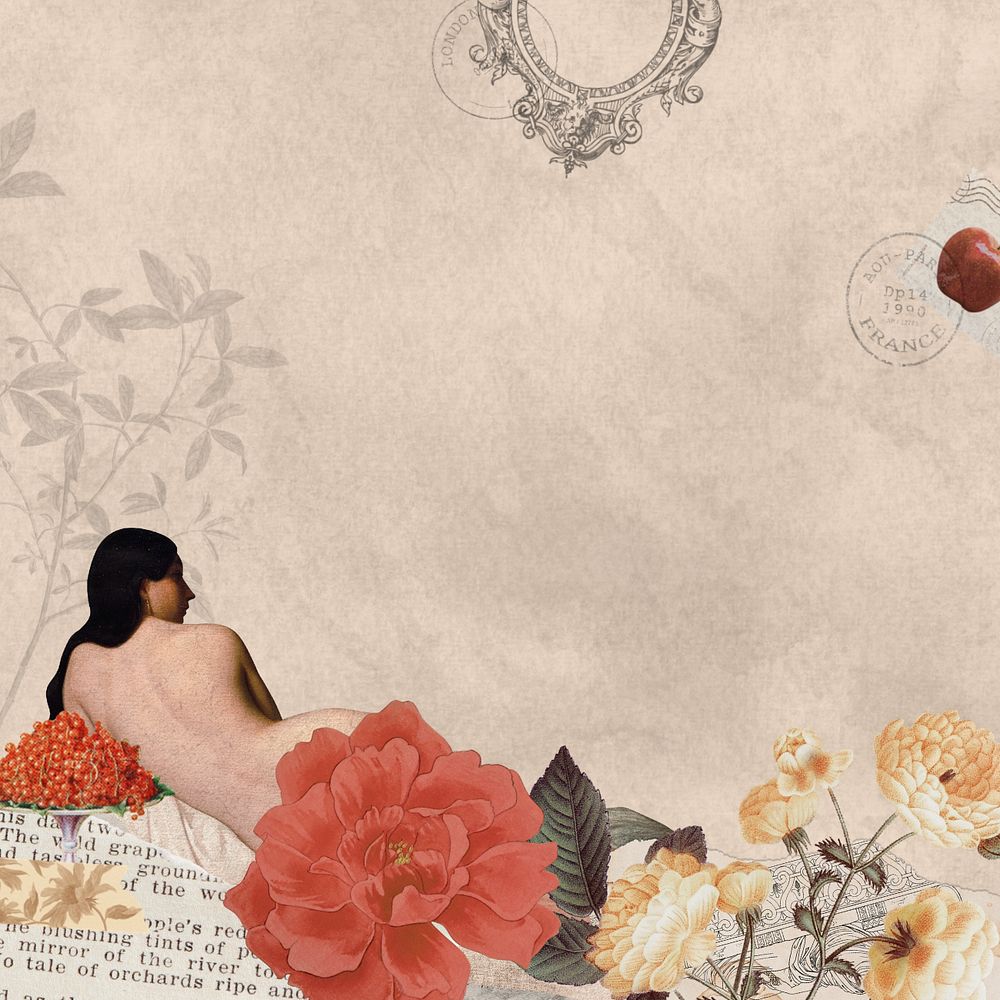 Pink vintage lady ephemera background, mixed media illustration