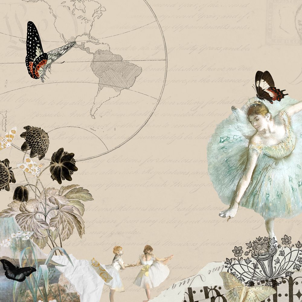 Beige vintage ballerina ephemera background, mixed media illustration