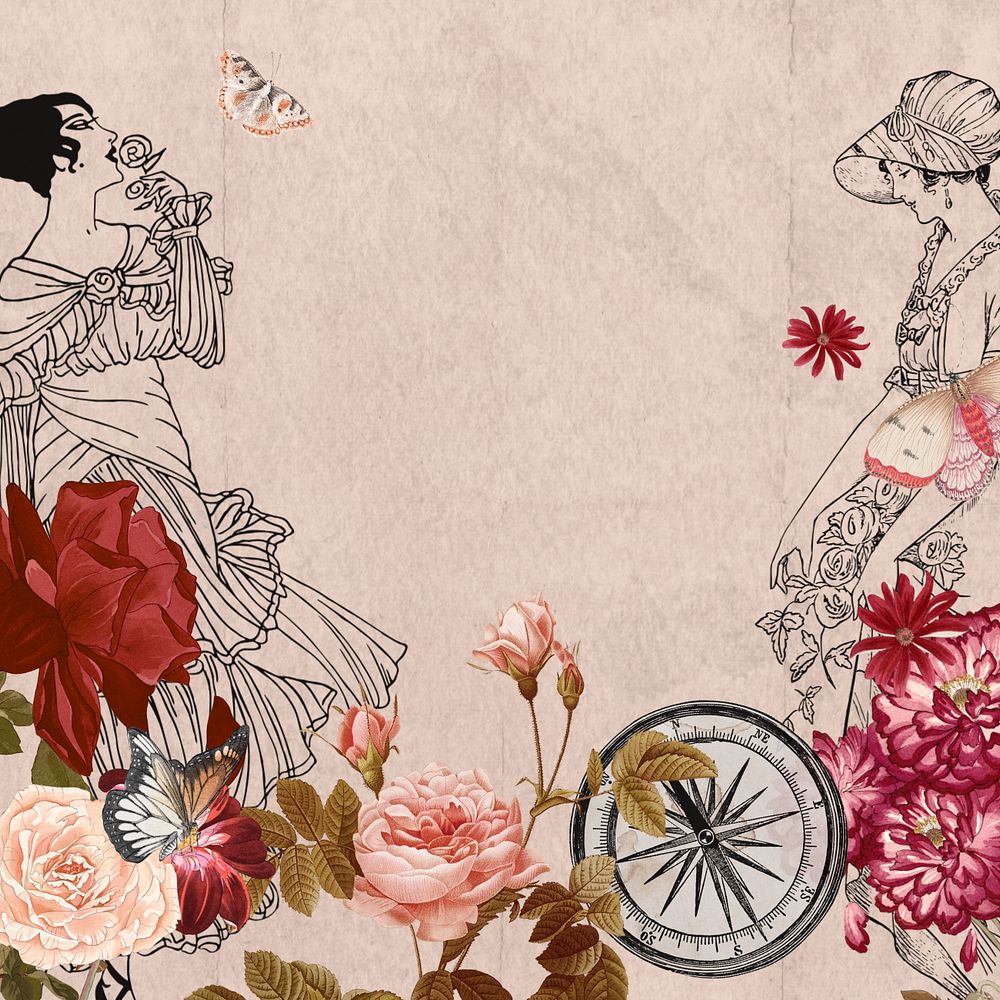 Pink vintage ladies ephemera background, mixed media illustration