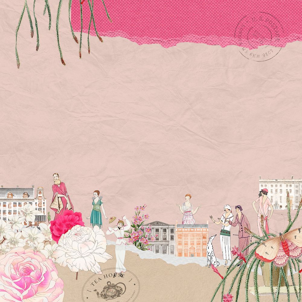 Vintage ladies ephemera pink background, mixed media illustration