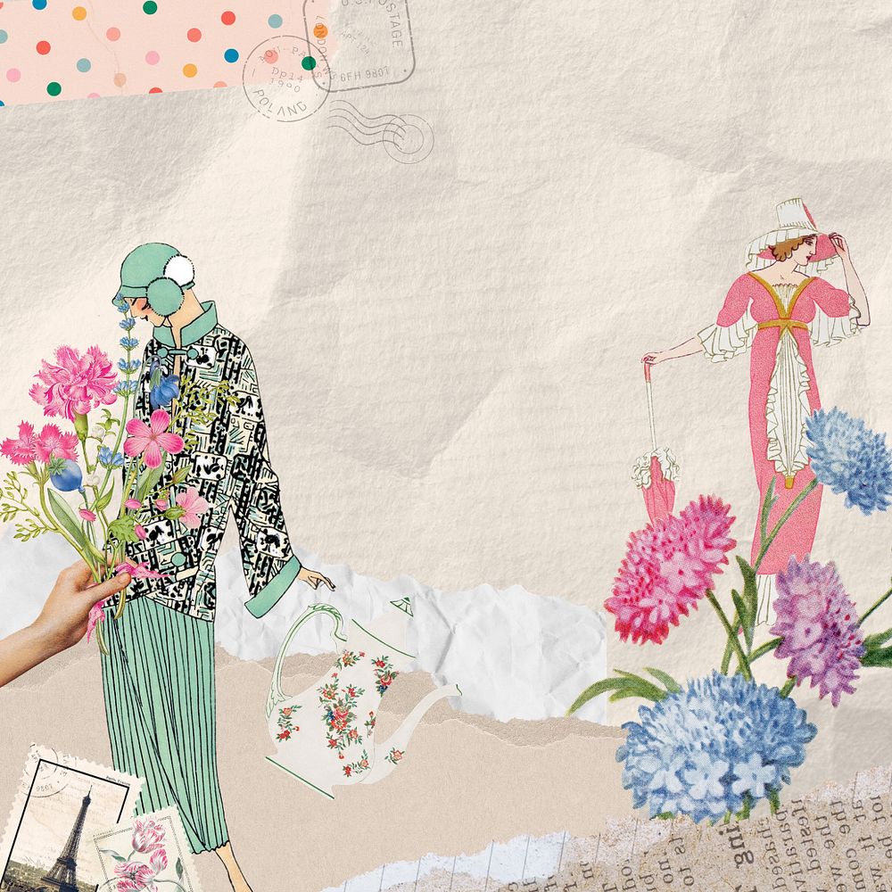 Vintage lady ephemera background, mixed media illustration