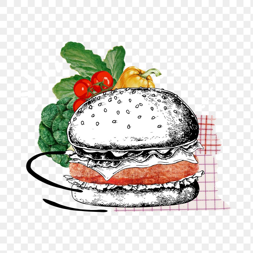 Plant-based hamburger sticker, editable food collage element remix