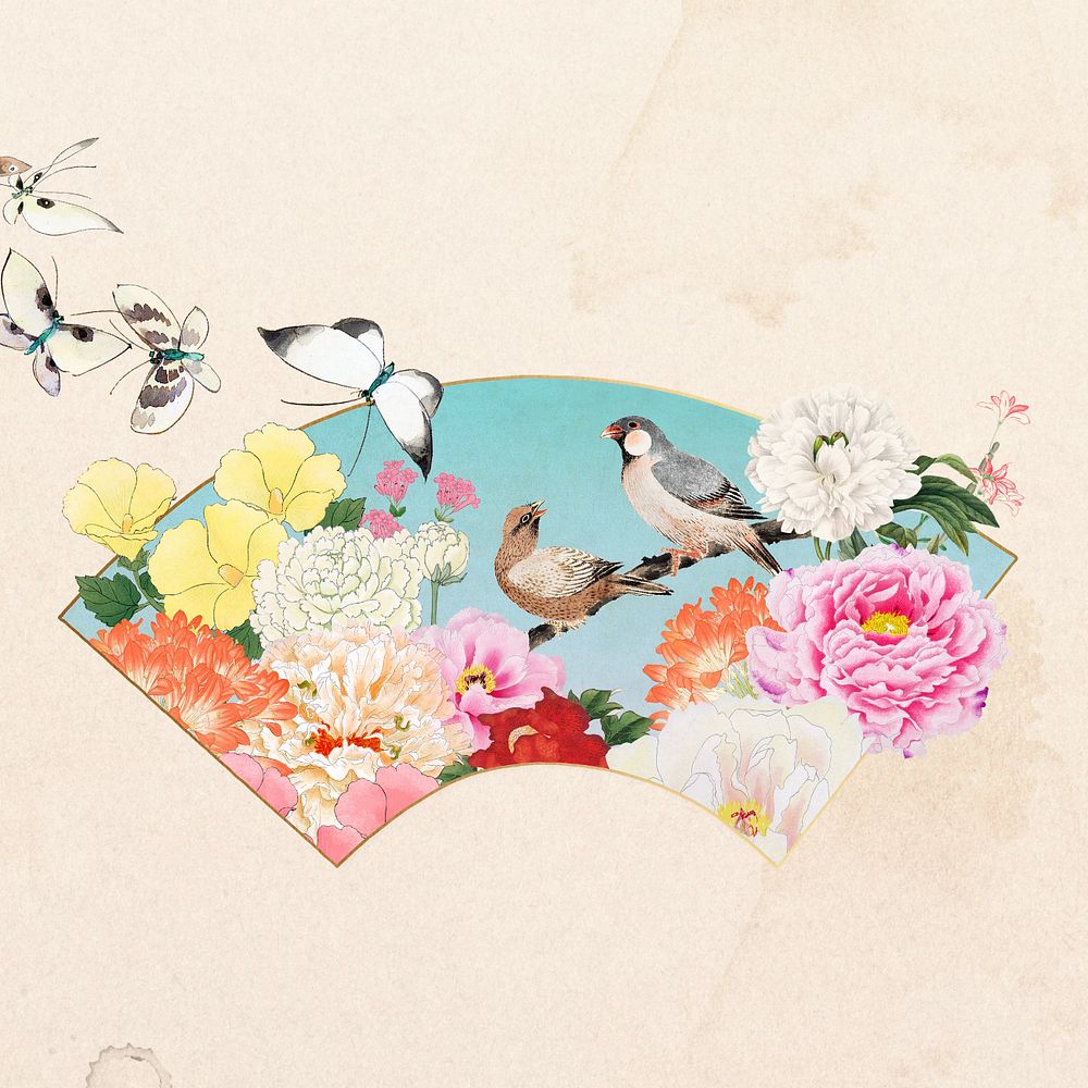 Hokusai's birds fan, Japanese flower illustration, editable design