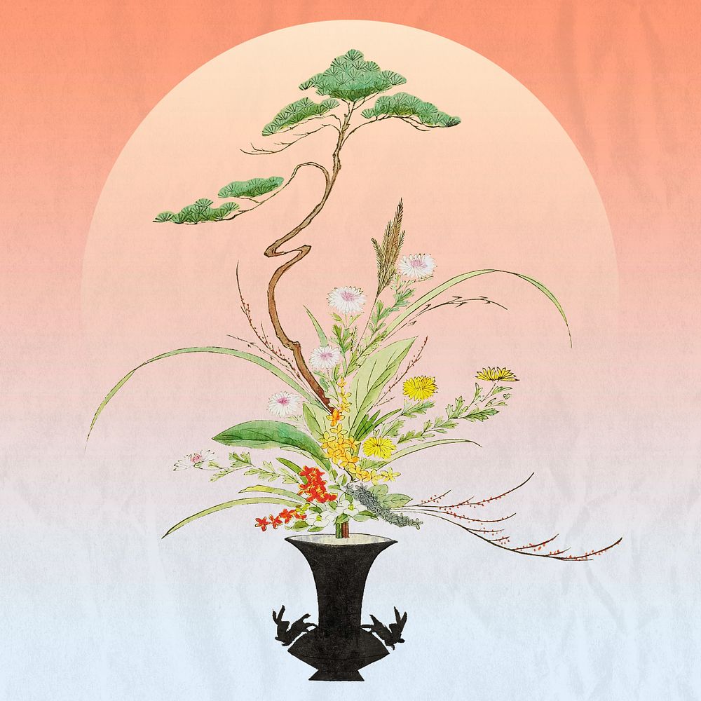 Editable vintage Japanese flower arrangement, ukiyo-e remix design