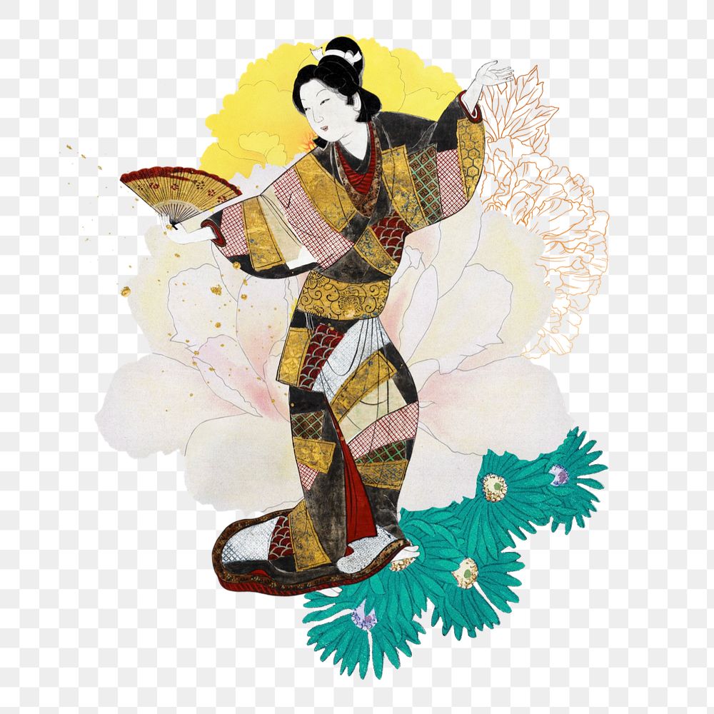 Editable vintage Japanese woman element, traditional dance ukiyo-e remix