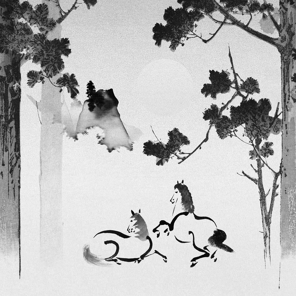 Japanese horses background, black forest illustration, editable design