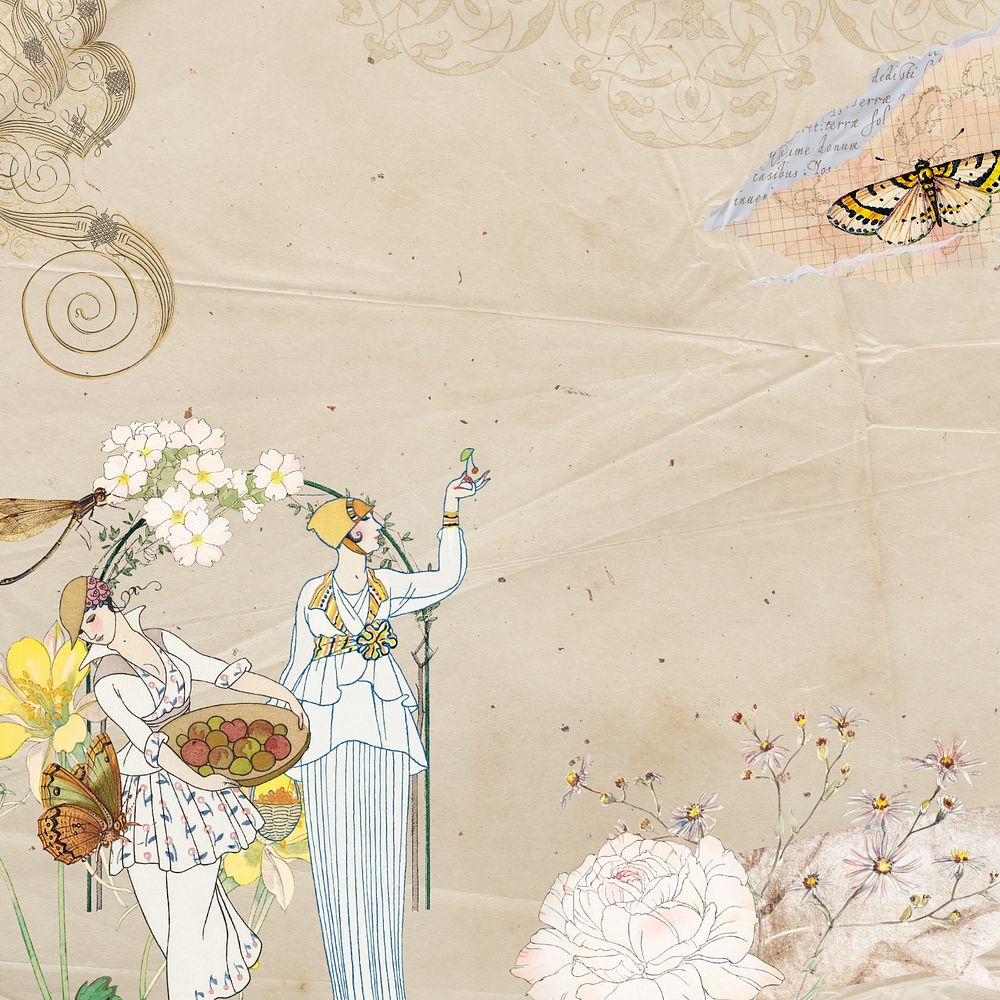 Garden ladies vintage ephemera background, mixed media illustration