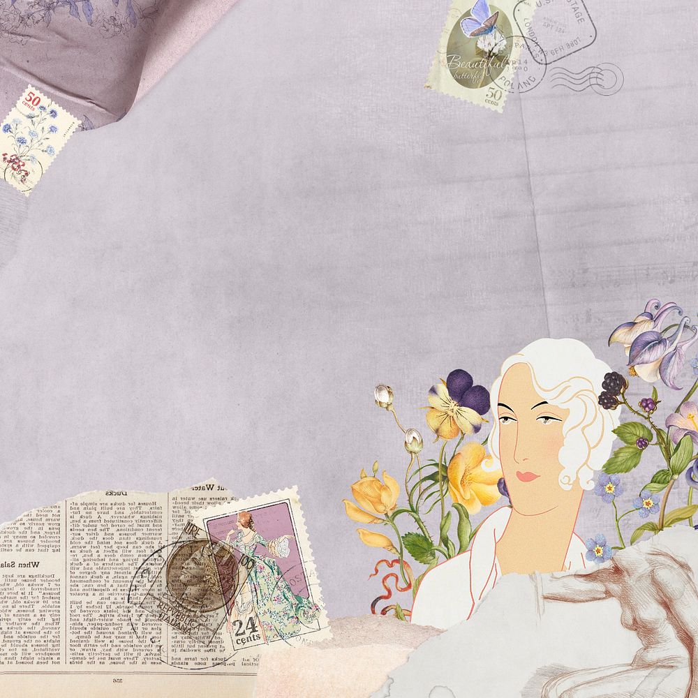 Purple ephemera background, vintage lady mixed media illustration