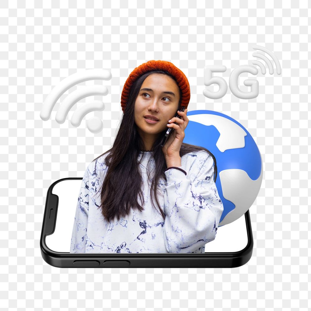 Girl on a phone sticker, editable remixed connection element design