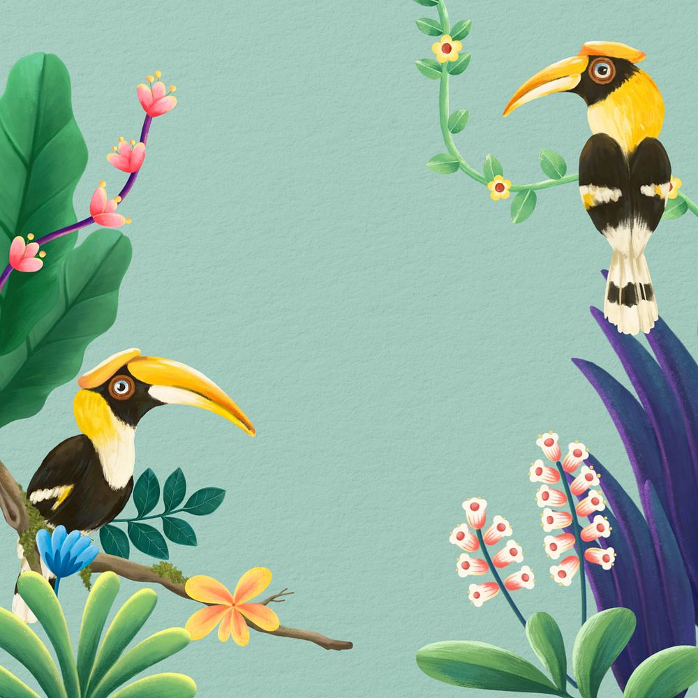 Editable tropical background, hand-drawn hornbills, nature remix