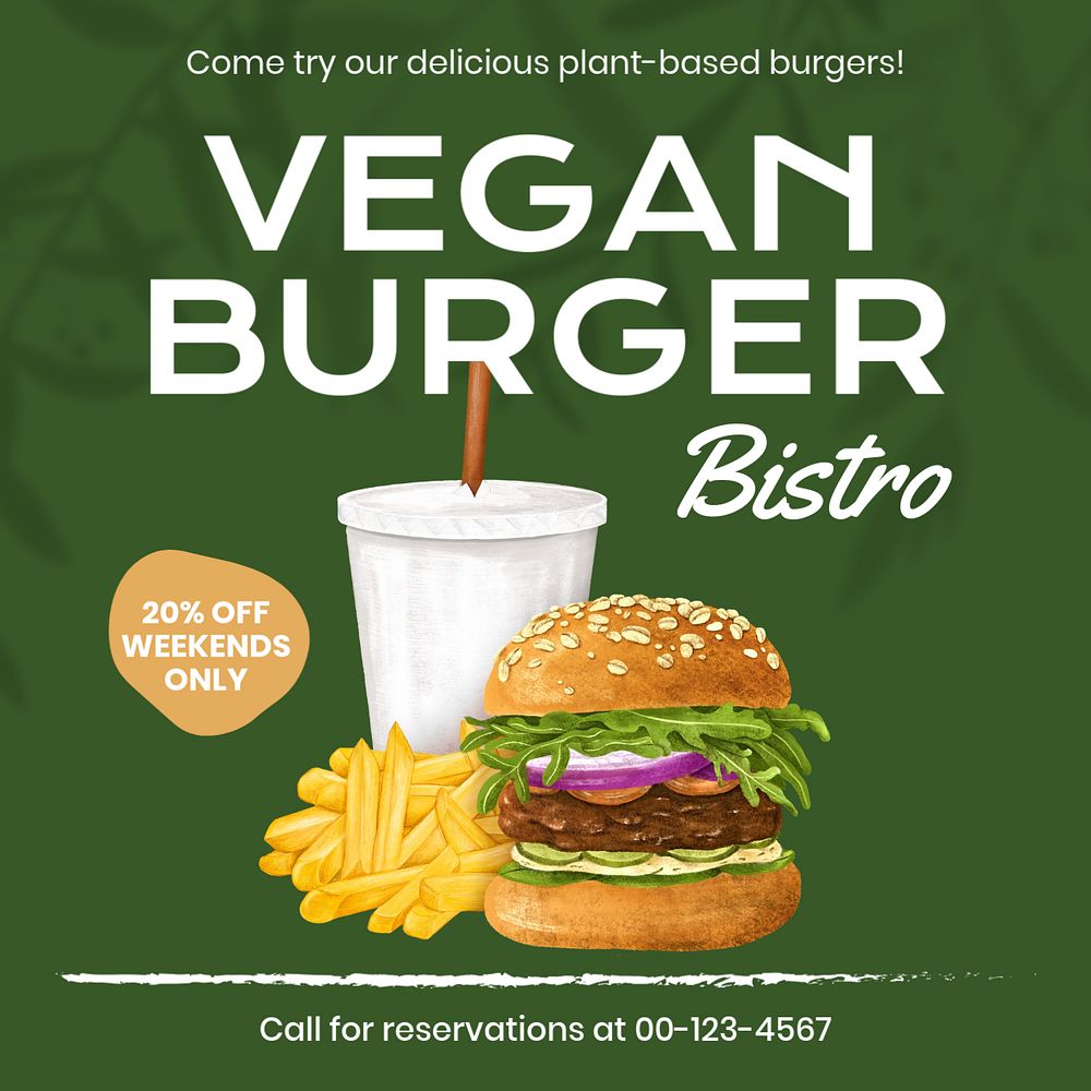 Vegan burger Instagram post template, editable design