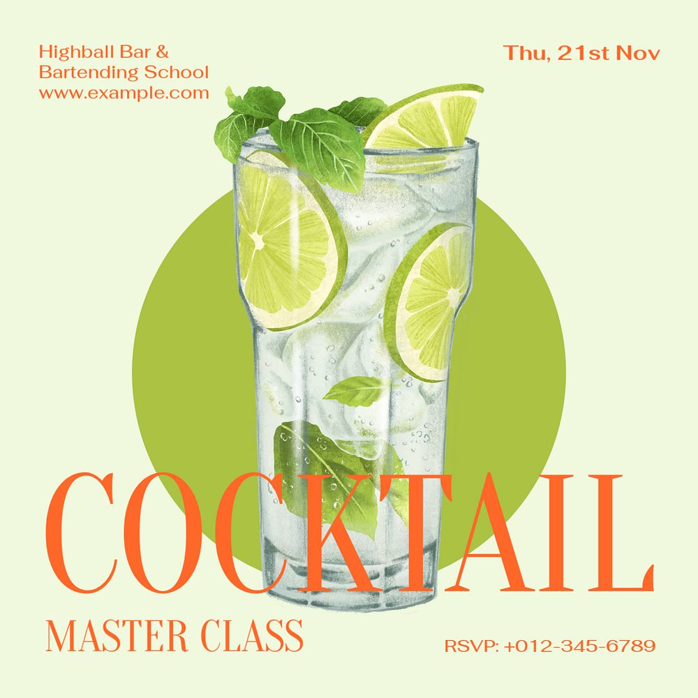 Cocktail class Instagram post template, editable design