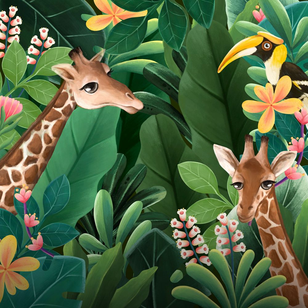 Editable hand-drawn wildlife background, tropical design