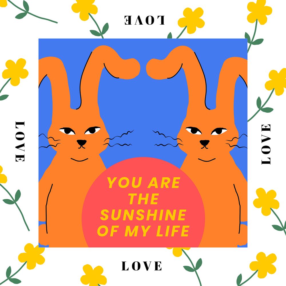 Love quote Instagram post template, cute rabbits illustration