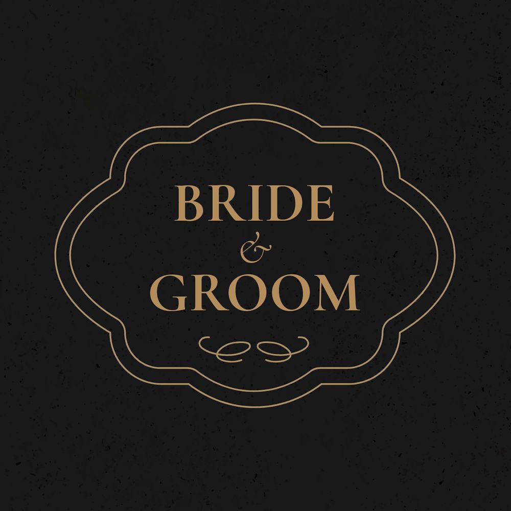 Bride and groom customizable vintage wedding badge template in black and gold