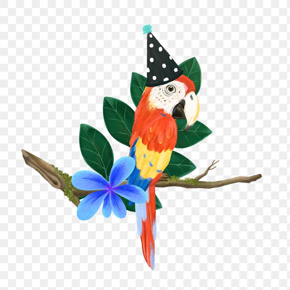 Hand-drawn macaw with a party hat sticker, editable wildlife element remix