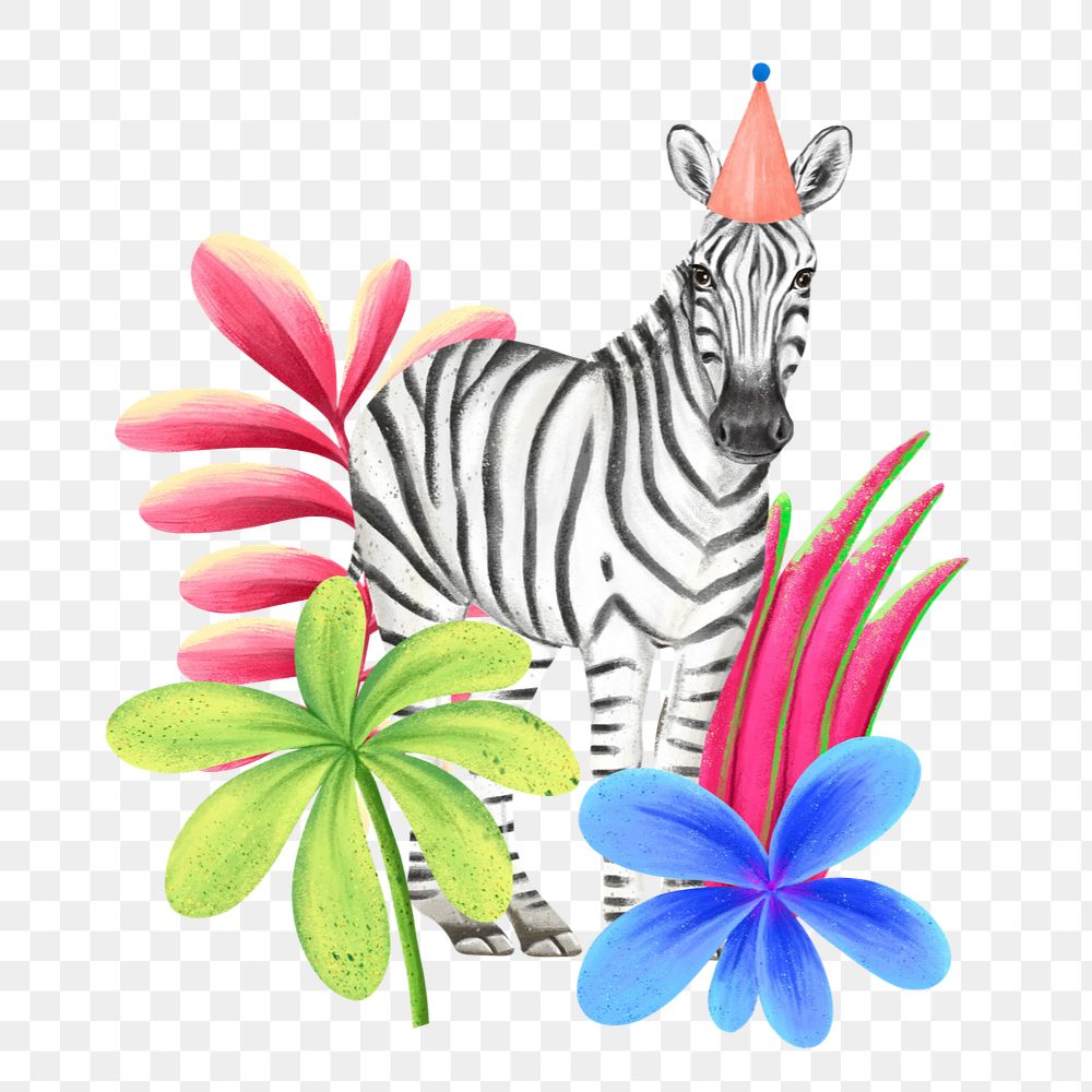 Hand-drawn zebra with party hat sticker, editable wildlife element remix