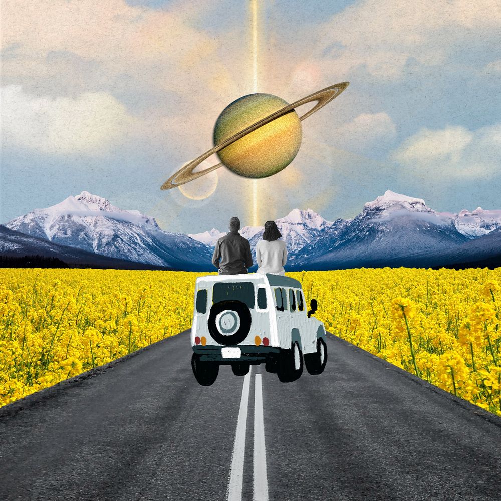 Aesthetic travel background, road trip & Saturn design