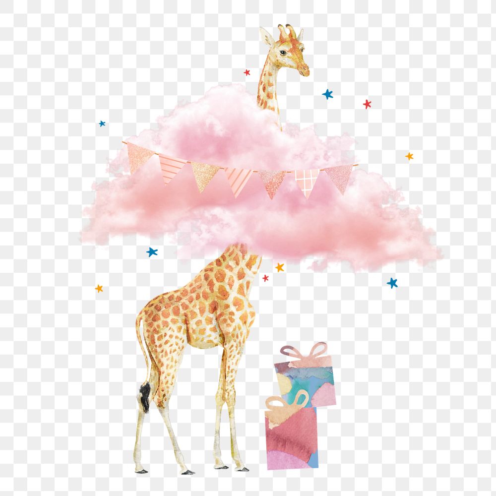 Birthday giraffe with pink clouds collage element