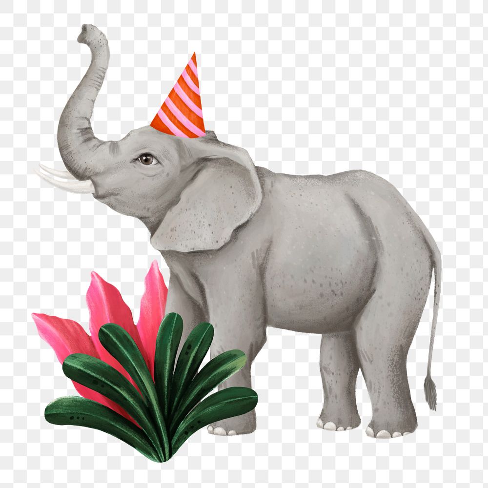 Hand-drawn elephant with party hat sticker, customizable wildlife element remix