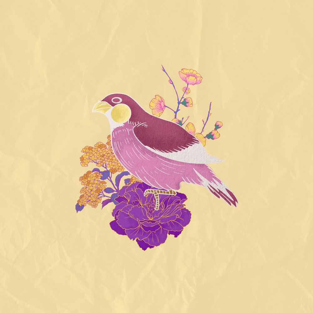 Purple vintage bird, beige paper texture background, editable design