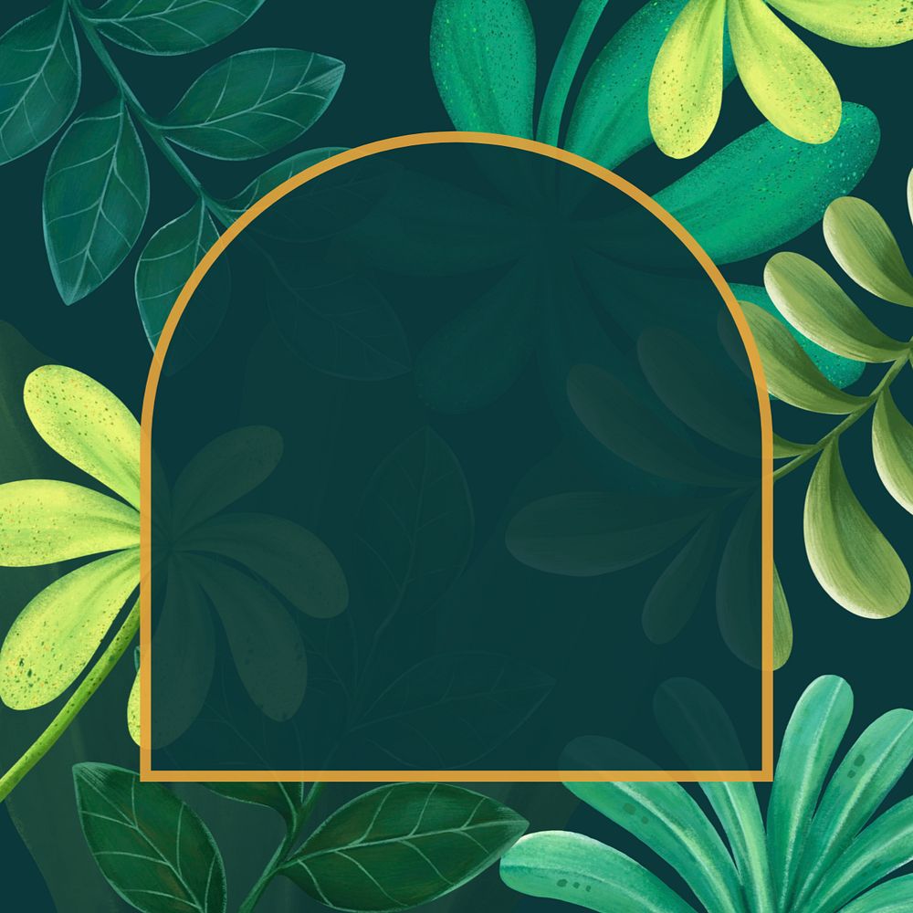 Gold frame, customizable hand-drawn green leaves, nature remix