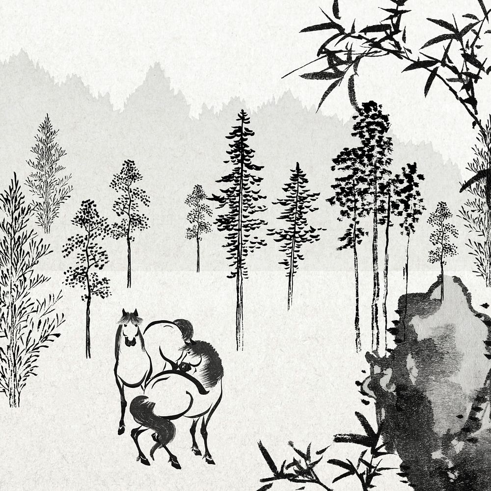 Japanese horses background, black ink forest illustration, editable design